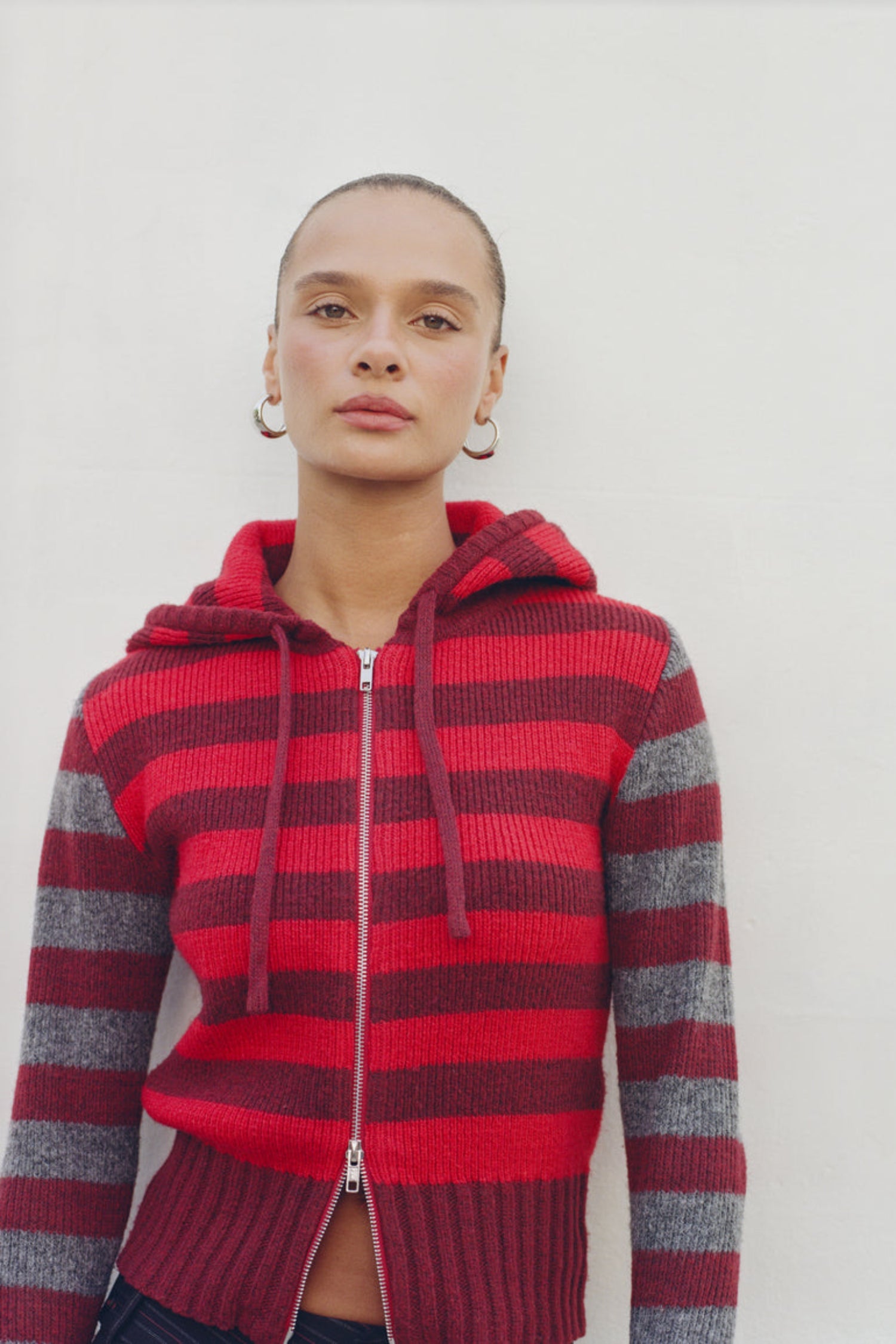 The Anita Knitted Hoodie, Burgundy Stripe