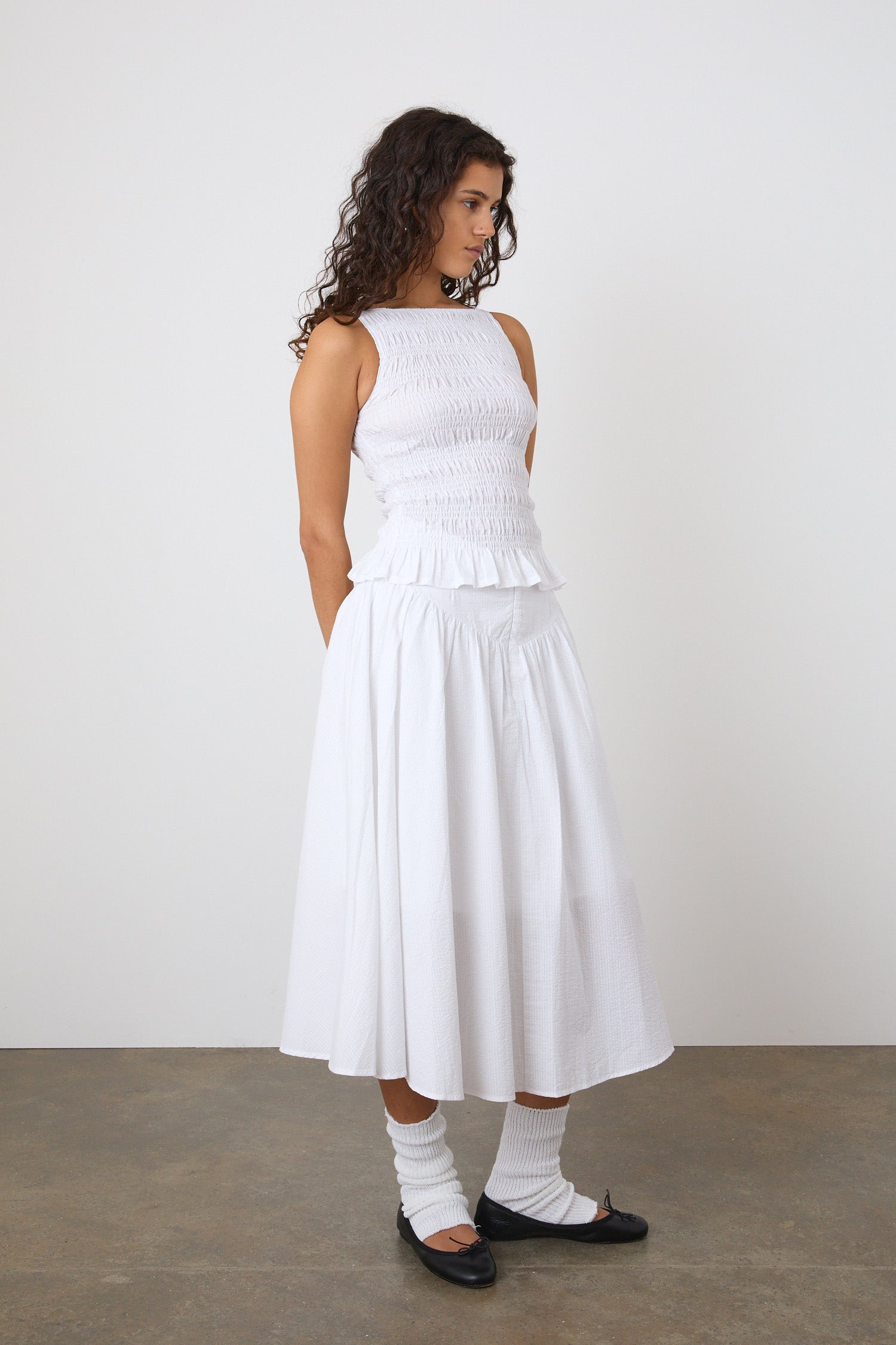 The Deba Seersucker Midi Skirt, Porcelain