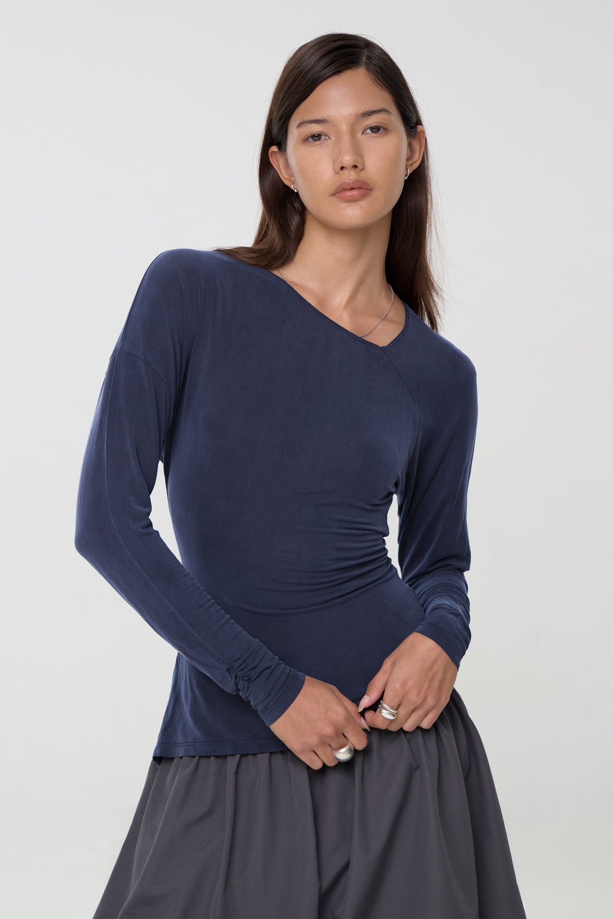 Kylie Cupro Balloon Sleeve Top, Dark Navy