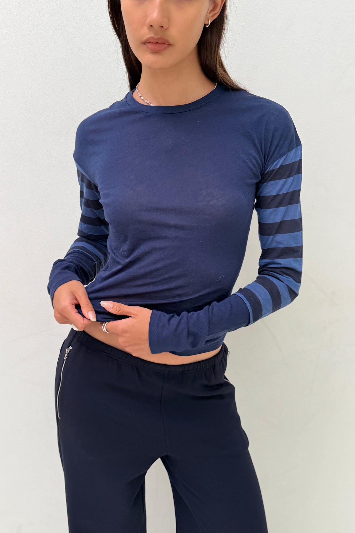 Paloma Double Long Sleeve Tee, Navy Stripe