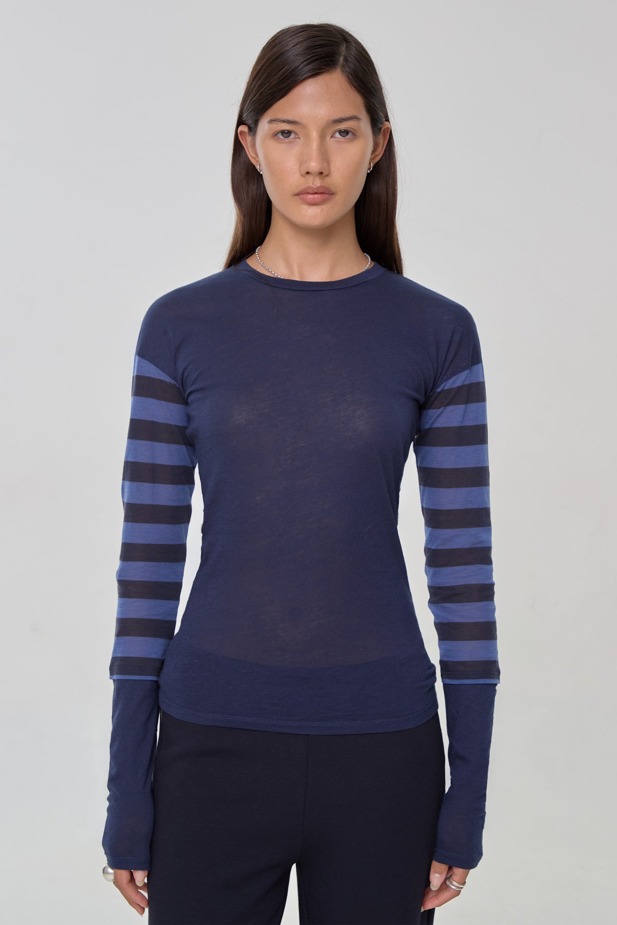 Paloma Double Long Sleeve Tee, Navy Stripe