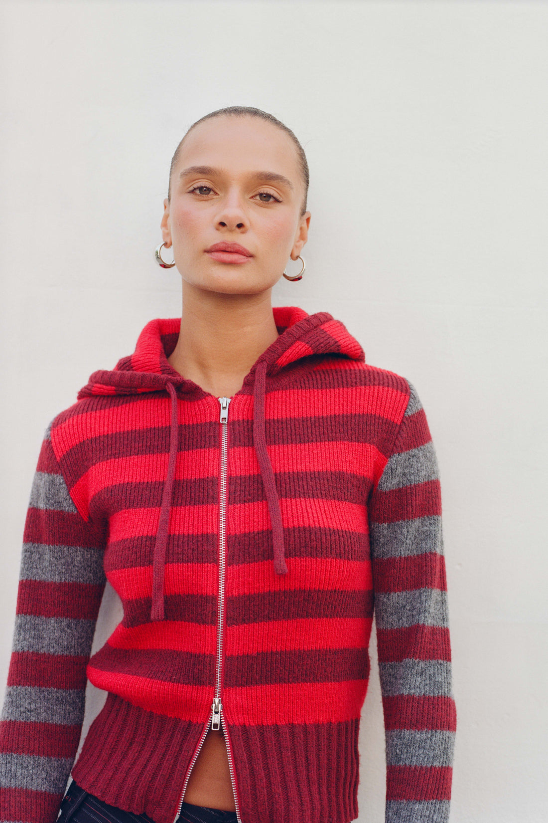 The Anita Knitted Hoodie, Burgundy Stripe