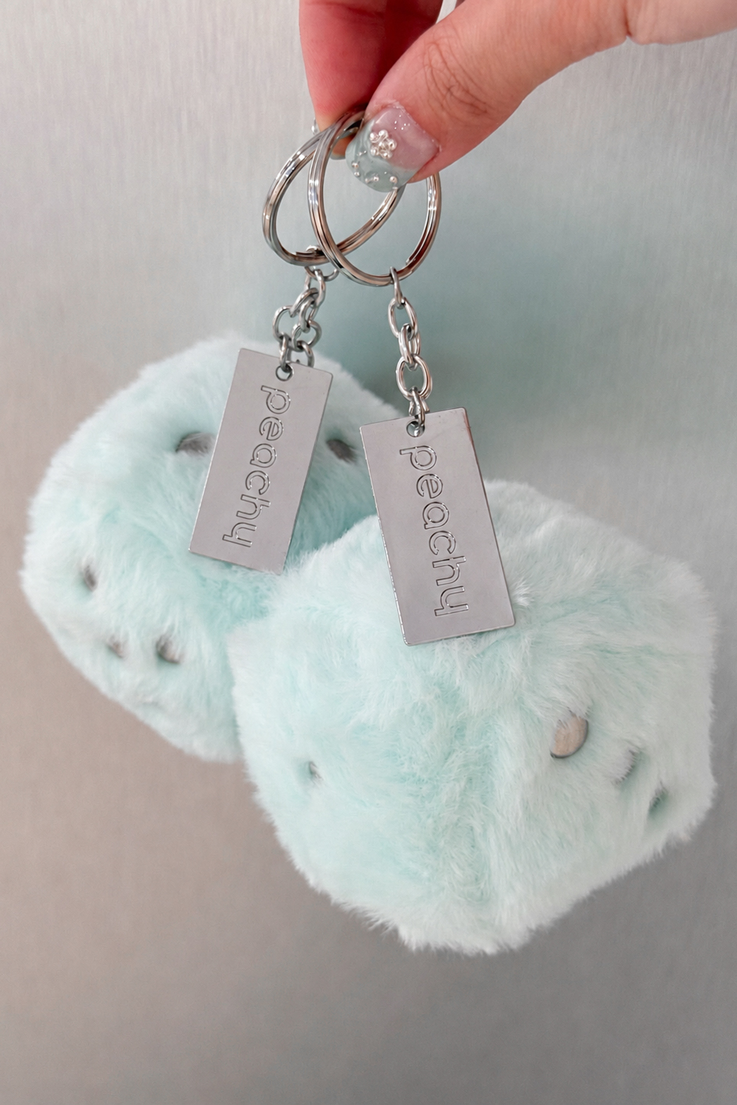 Fluffy Dice Keychain, Pale Aqua