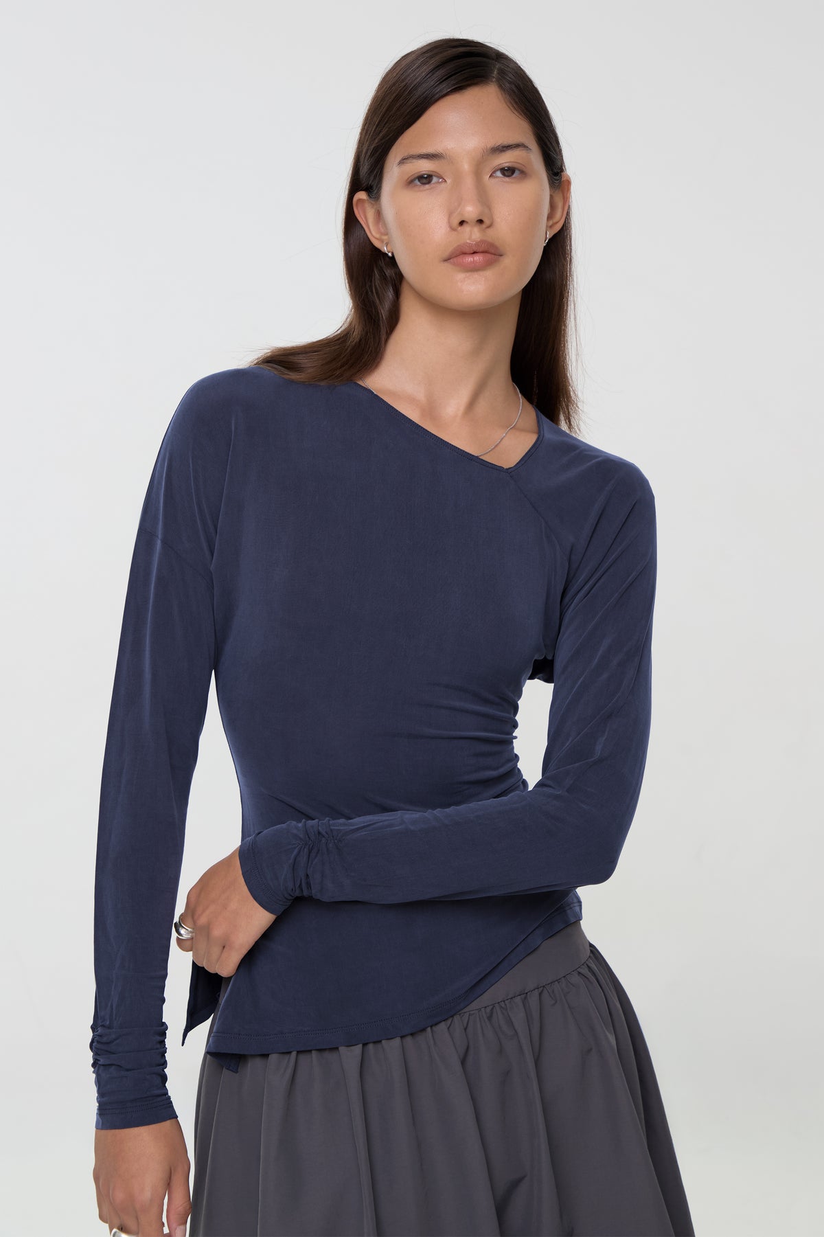 Kylie Cupro Balloon Sleeve Top, Dark Navy