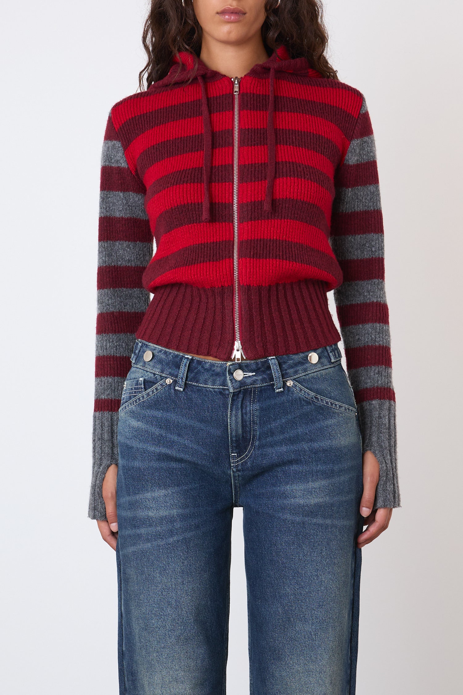 The Anita Knitted Hoodie, Burgundy Stripe